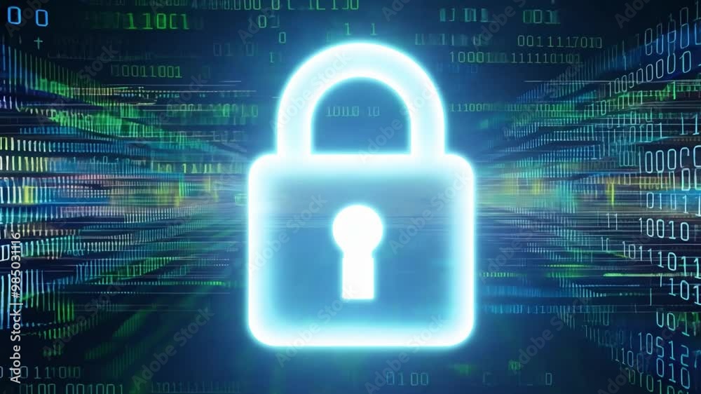 Poster A glowing digital lock is centered against a backdrop of flowing binary code, representing vital cybersecurity concepts like data protection and encryption in technology.