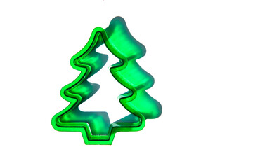 flat lay close-up of a green Christmas tree cookie cutter against a white background with copy space available