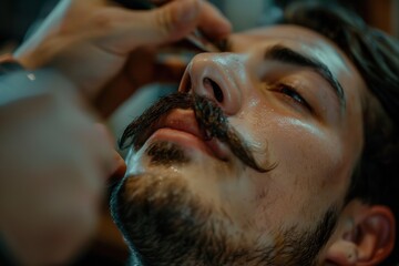 Naklejka premium Luxury Mustache Grooming Session in High-End Salon - Close-Up of Barber's Precise Hand Movements