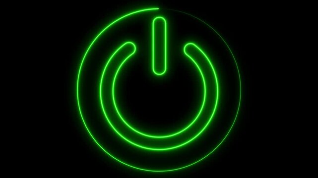 Neon glowing power button icon animated on a black background ,The appearance of neon symbol power off ,alpha channel Premultiplied