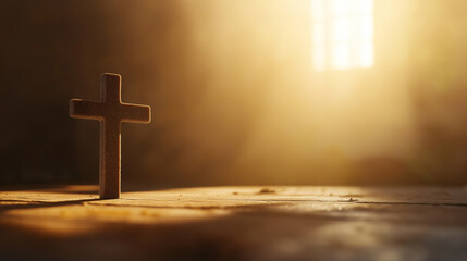 Naklejka premium Cross in sunlight in empty church with a spiritual and holy atmosphere. Concept of faith, worship and reflection