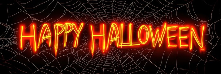 3D orange text "HAPPY HALLOWEEN" with spider web on black background Generative AI