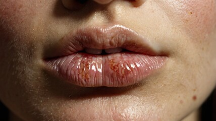 Fototapeta premium Extreme Close-Up of Female Lips with Herpes Lesion