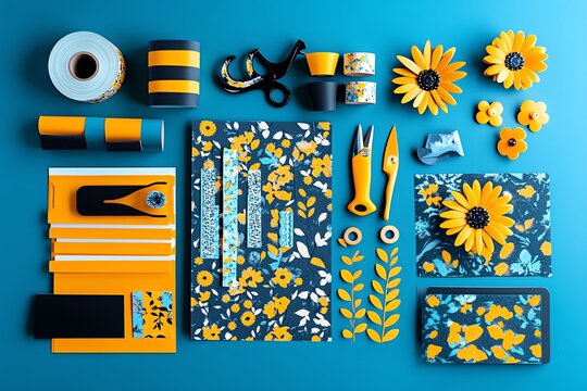 A flat lay of patterned scrapbook paper, with coordinating stickers, washi tape, and scissors