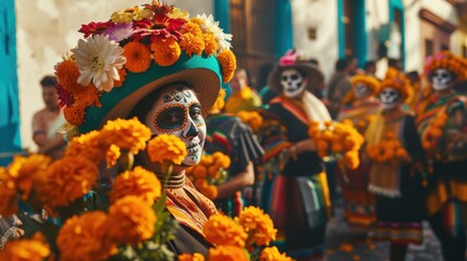 Obraz premium Traditional Day of the Dead Celebration with Colorful Costumes and Vibrant Marigold Flowers