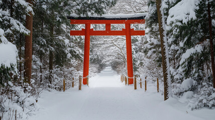雪に囲まれた正月飾りの鳥居