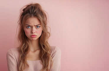 Fototapeta premium Sadly disgusted young woman isolated pink background with copy space