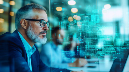 A businessman looks intently at a screen filled with digital data.