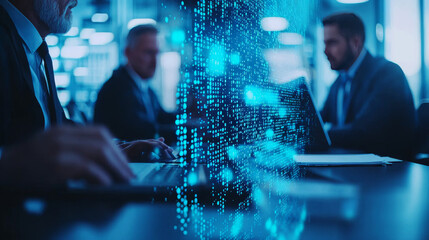 A businessman works on a laptop in a dimly lit office, with data visualizations overlayed on the screen.