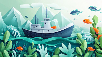 A depiction of sustainable fisheries with responsible fishing practices and marine conservation efforts.