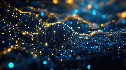 Abstract digital network with glowing points and lines in blue and yellow colors.