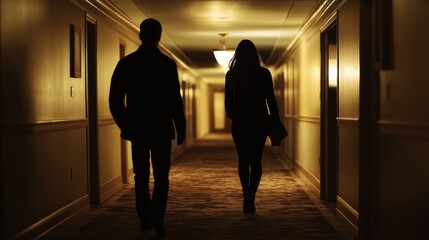 Dimly Lit Hotel Hallway Scene with Silhouetted Figures, Interior Design Concept for Prints, Posters, or Mystery Themes