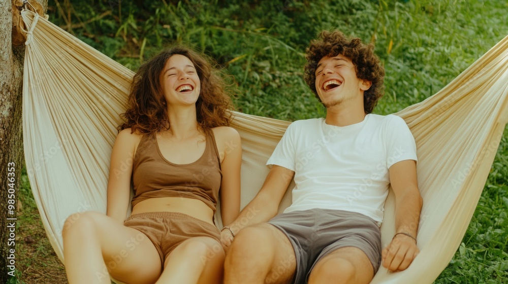 Canvas Prints A man and woman laying in a hammock together laughing, AI