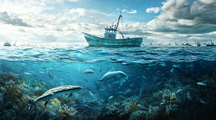 Obraz premium A depiction of sustainable fisheries with responsible fishing practices and marine conservation efforts.