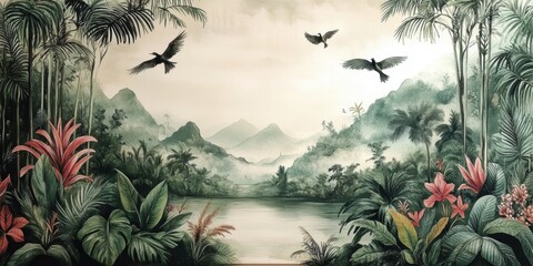 Naklejka premium wallpaper jungle and leaves tropical forest birds old drawing vintage