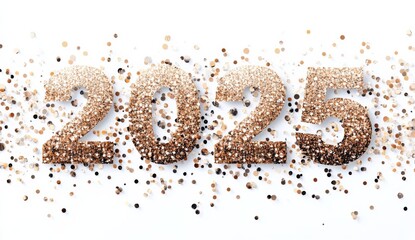 Shiny and Glittery Rose Gold "2025" Numbers on a Crisp White Background, Perfect for Celebratory Designs and Modern Aesthetics.