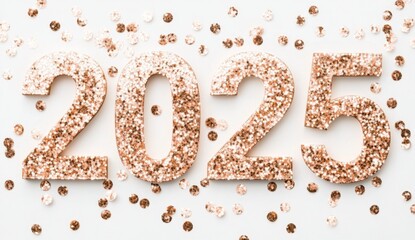 Shiny and Glittery Rose Gold "2025" Numbers on a Crisp White Background, Perfect for Celebratory Designs and Modern Aesthetics.