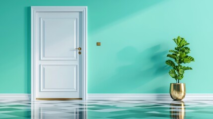 Modern Minimalist Room with Door and Green Plant