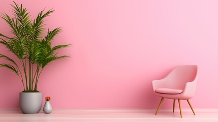 Stylish Pink Interior with Tropical Plant and Chair