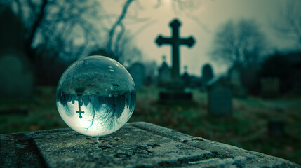 A softly glowing crystal ball in the foreground, with an old church cemetery and weathered gravestones in the background, symbolizes the inevitability of life and death, beyond prediction.