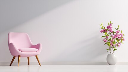 Modern Pink Chair with Flower Vase in Minimalist Room