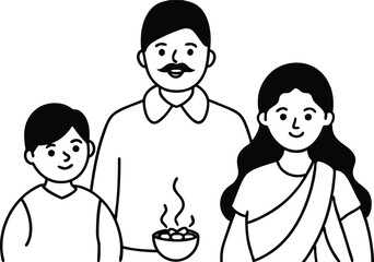 Joyful Indian Family Celebrating Vector Illustration for Kids Coloring Book
