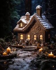 Fototapeta premium A charming gingerbread house adorned with festive decorations and illuminated candles, set in a snowy forest backdrop, Ideal for holiday marketing, baking, and seasonal decoration concepts,