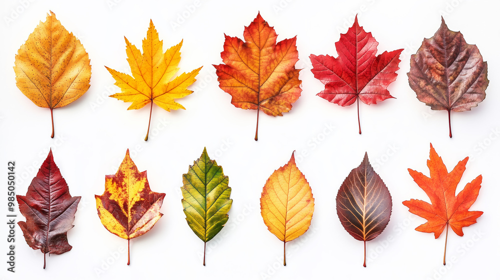 Poster a collection of autumn leaves are shown in various colors, including red, yellow, and brown. the lea