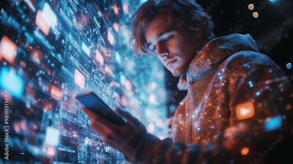 Poster portrait of caucasian man using smartphone in metaverse with animated stream of interfaces with soci