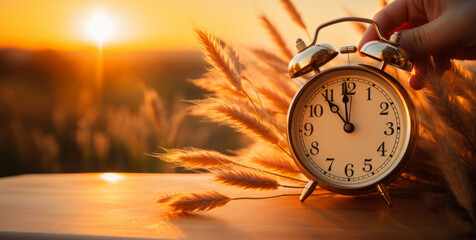 Daylight saving time ends. Hand changes time on alarm clock over beautiful autumnal city landscape. Summer time end and fall season coming. Clock turn backward to winter time. Autumn equinox