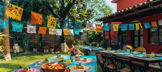 Fototapeta premium Vibrant Family Gathering in a Backyard with Papel Picado Banners and Traditional Mexican Cuisine