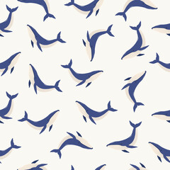 Blue humpback whale seamless pattern. Marine background. Vector illustration.