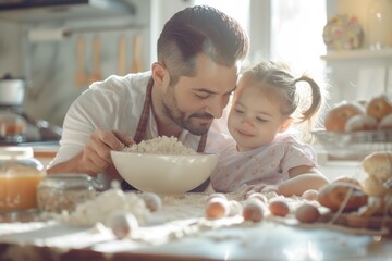 Father and Daughter Baking Together in Sunlit Kitchen - Family Cooking Concept for Posters and Cards
