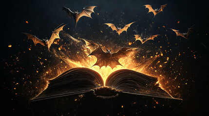 Naklejka premium A dark graphic featuring bats flying out of an ancient book surrounded by glowing mystical symbols.