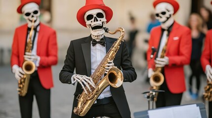A skeleton jazz band playing for a Halloween-themed crowd at Montreal Jazz Festival focus on - Spooky swing and rhythm - surreal - Fusion - Street stage backdrop