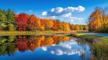 Fototapeta premium Vibrant Autumn Landscape with Colorful Foliage and Reflections in Tranquil Water - Scenic Fall Nature Photography for Travel and Tourism Marketing