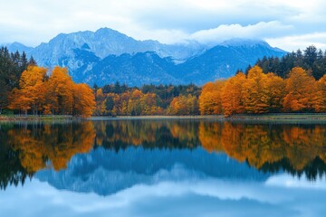 Fototapeta premium Vibrant Autumn Landscape with Orange Trees and Mountain Reflections - Scenic Fall Foliage for Travel and Tourism Marketing