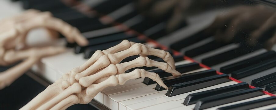 Skeleton hands playing piano keys at Montreal Jazz Festival s Halloween show close up - Spooky hands creating lively music - whimsical - Blend mode - Piano backdrop