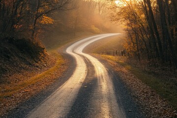 Obraz premium Winding Autumn Road at Golden Hour - Serene Fall Landscape for Travel and Nature Photography