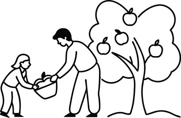 Family Apple Picking Adventure Vector Illustration for Kids Fun
