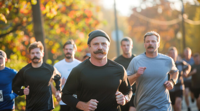 Community Charity Run with Movember Mustaches - Energetic Group of Men and Women