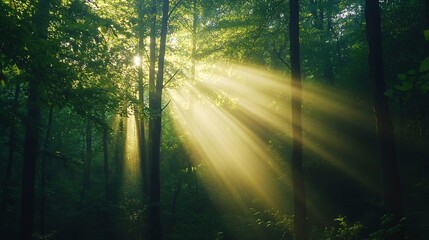 Sunbeams Illuminating a Lush Forest