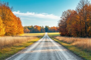 Obraz premium Vibrant Autumn Landscape with Dirt Road and Colorful Foliage - Ideal for Travel Marketing, Outdoor Activities, and Nature Photography