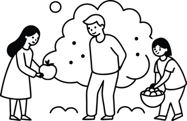 Joyful Family Apple Picking Day Vector Art for Children to Enjoy
