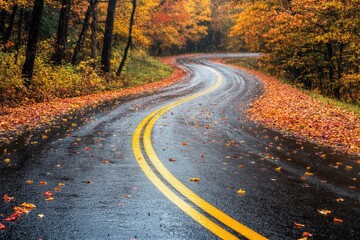 Fototapeta premium Scenic Winding Autumn Road with Colorful Fall Foliage and Rainy Reflections - Ideal for Travel and Nature Photography