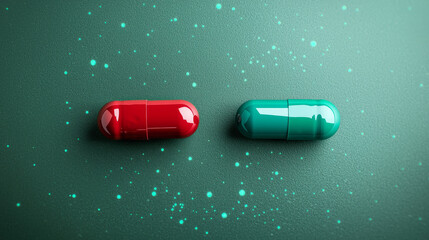 Red and green capsules on a teal background.