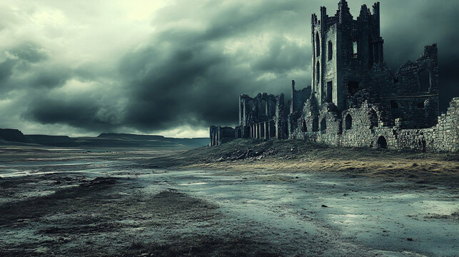 A crumbling castle with battlements overlooking a vast, empty plain, the sky heavy with storm clouds.