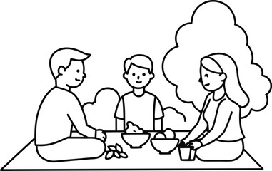 Enjoying a Picnic Together Vector Illustration for Family Coloring
