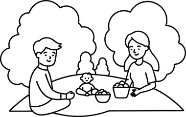 Happy Family on a Picnic Vector Illustration for Kids Coloring Fun
