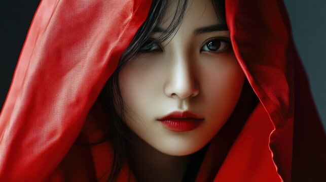 Asian woman model in mysterious red veil robe costume background wallpaper AI generated image